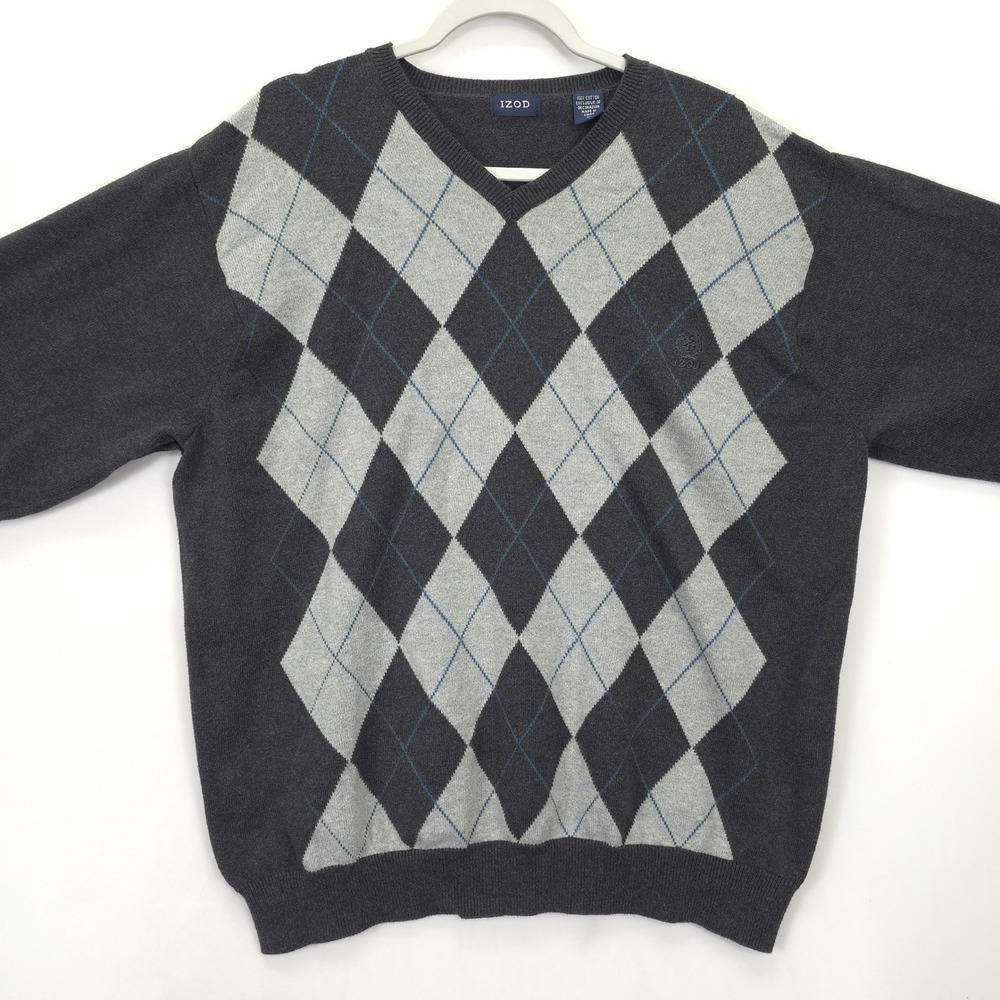 IZOD Argyle Sweater Men XL Gray V-Neck‎ Pullover Cotton Knit Golf Grandpa Style